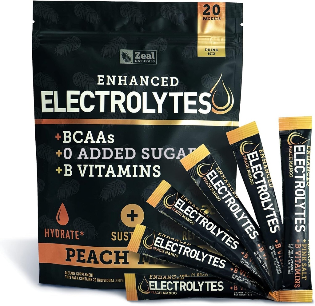 Wzmocniony proszek elektrolitowy (Peach Mango 20pk.) w 0 Cukier + BCAA + B- Vitaminy Suplement Elektrolitu w cynku potasu i magnezu do nawadniania - Keto Electrolytes