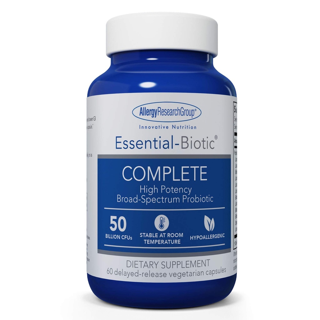 Alergia Research Group Essential- Biotic Complete Supplement - Wysoka potencja probiotyki dla mężczyzn i kobiet, Wspiera Gut & Digestive Health, 50 Miliard CFU, Delayed- Release Kapsułki wegetariańskie - 60 Count
