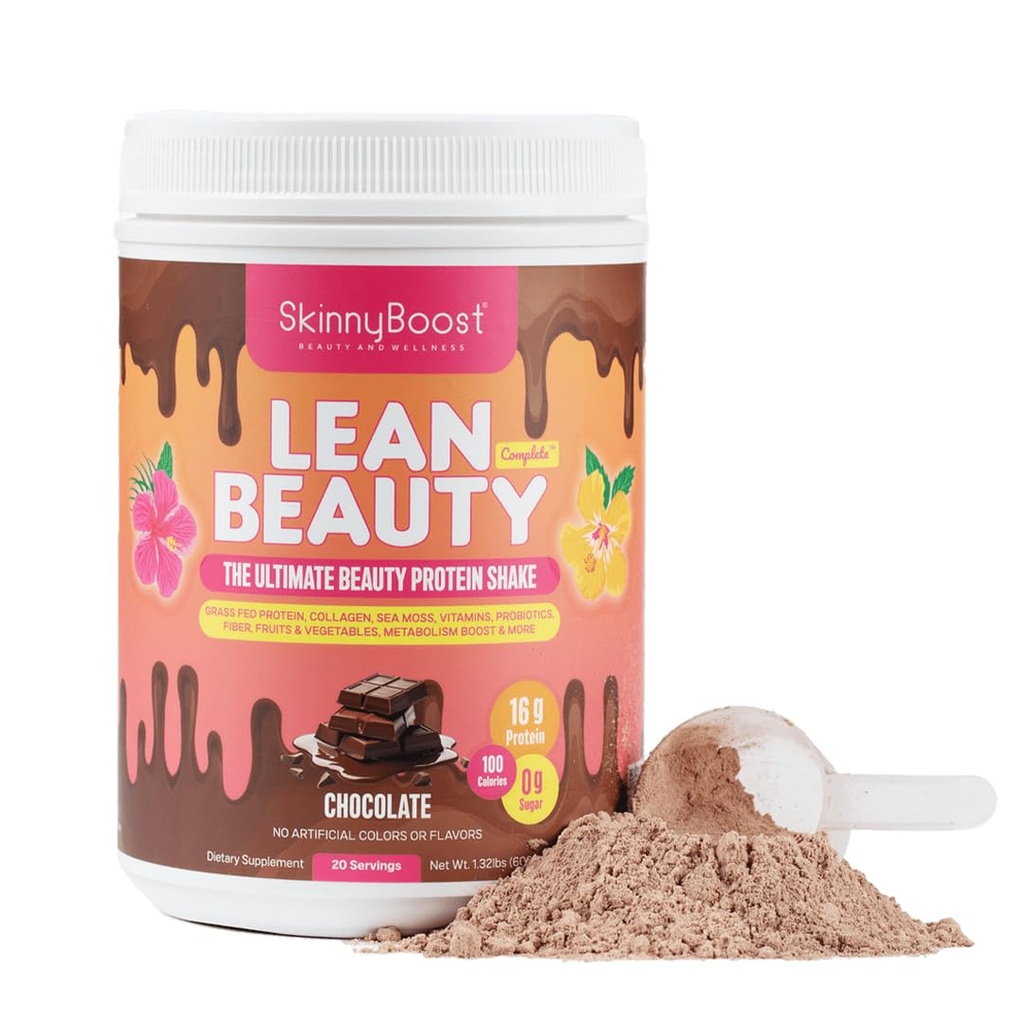 Lean Beauty Collagen Protein Shake - Czekolada 124; Proszek do zamiany posiłku z serwatką, Zhydrolizowany Kolagen, Witaminy, Fiber & Beauty Nutricents Agregat 124; Włosy, Skóra & Nails Agregat 124; Cukier - wolne, All- Naturalne, 20 Służenie