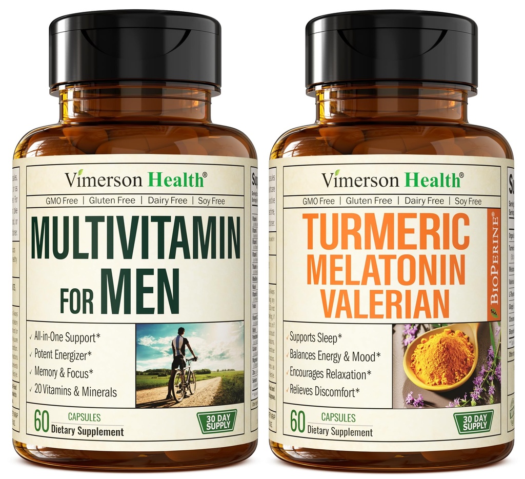 Mens Multivitamin + Turmeric Melatonin Valerian Bundle for Joint Support and Discomfort Relief, Immune Health & Inflamational Response
