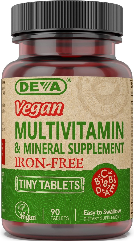 DEVA Vegan Wolna Iron- Multivitamin & Suplement mineralny, Witamina C, D2, E & B- Complex, Biotin, 90 Małe tabletki