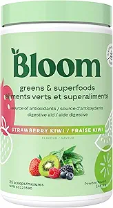 Bloom Nutrition Superfood Zieloni Proszek, Enzymy trawienne z probiotyki i prebiotyki, Gut Health, Bloating Relief for Women, Chlorella, Mieszanka soku z buraka korzeni proszku, 25 SVG, Truskawka Kiwi