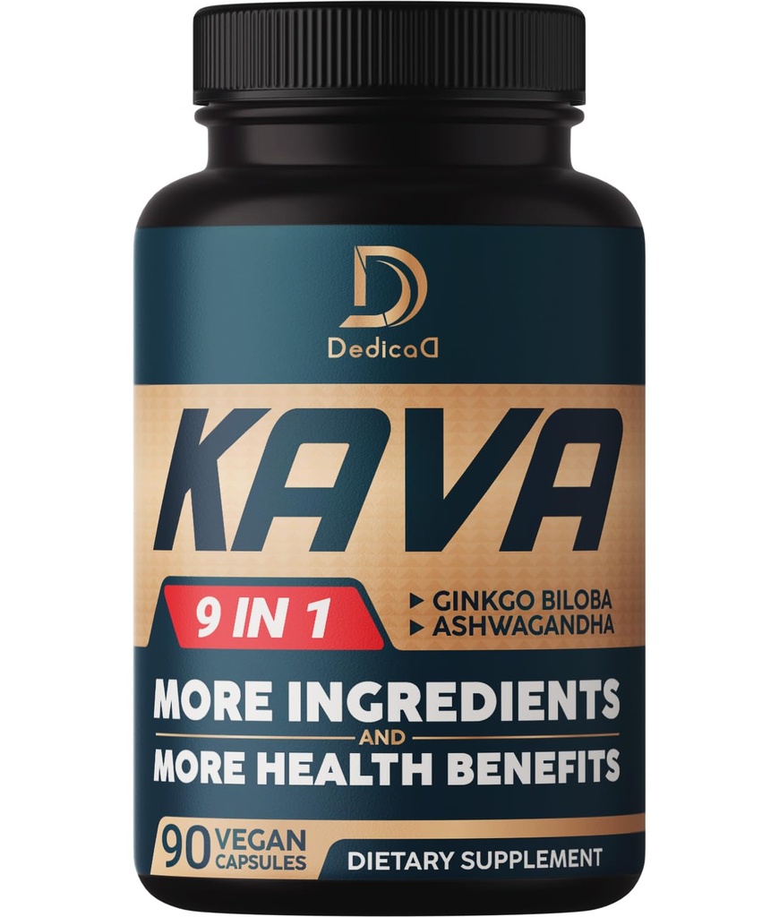Kava Kava Kapsułki - 3 miesiące dostaw - 9 Zioła z Ginkgo Biloba, Ashwagandha Root, Andyjski Cocoa, Graviola Leaf, Rumianek, Valerian, Lemon Balm & Skullcap - Wsparcie nastrojów i immunologicznych - 90 Pigułki
