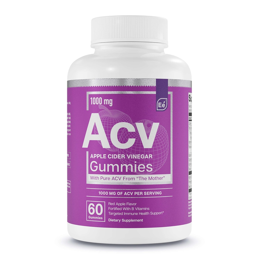 Elementy zasadnicze Jabłko Cydr Gummie ocet od matki - Naturally-Sourced, Wegan ACV z kwasem foliowym i witaminą B6 & B12 60