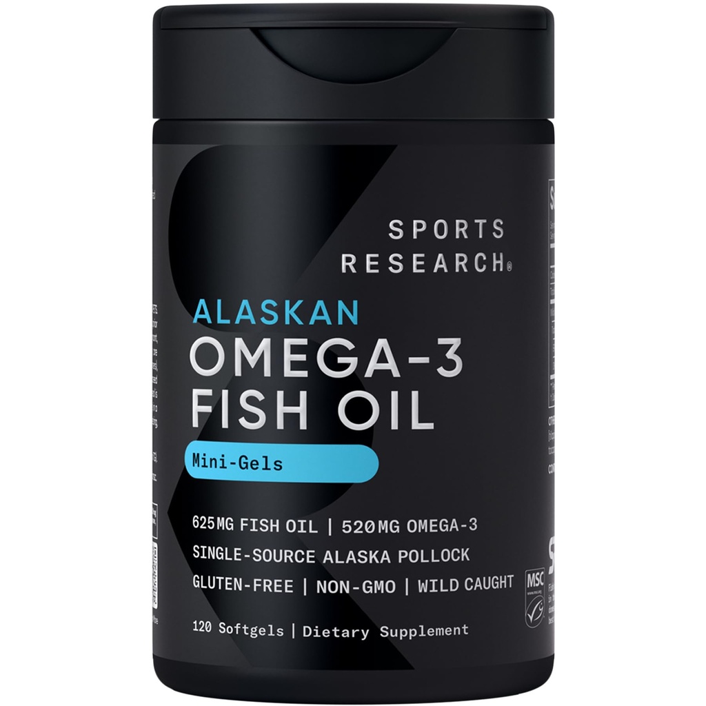 Sports Research Fish Oil Mini- Softgels - Łatwe do połknięcia Omega-3 Kwasy tłuszczowe z dzikiego Caught Alaska Pollock - 625mg, 120 Softgels