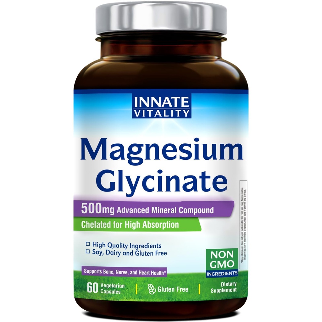 Wrodzona witalność Magnezu Glicynian 500mg Bis124; 70 mg Elemental Magnezu Suplement - Wysoka absorpcja, Nie buforowane, Nie-GMO & Nie Gluten - Nerve, Bone & Heart Health - 60 Kapsułki Vegan Magnesio