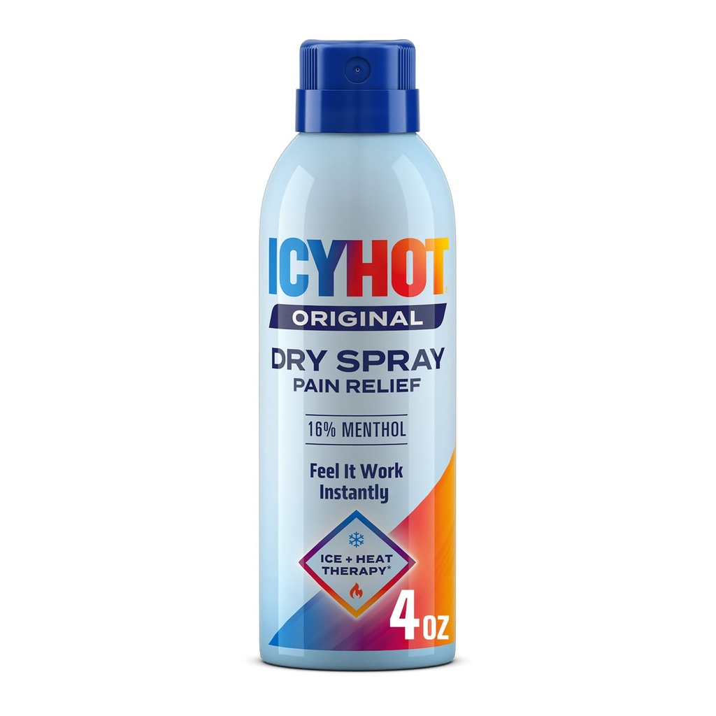 Icy Hot Original Pain Relief Dry Spray, Fast-Acting, Quick-Drying Pain Relief with Max Strength Menthol 16%, Ice and Heat Contrast Therapy for Backaches, Joints, Muscle Strains and Arthritis, 4 oz