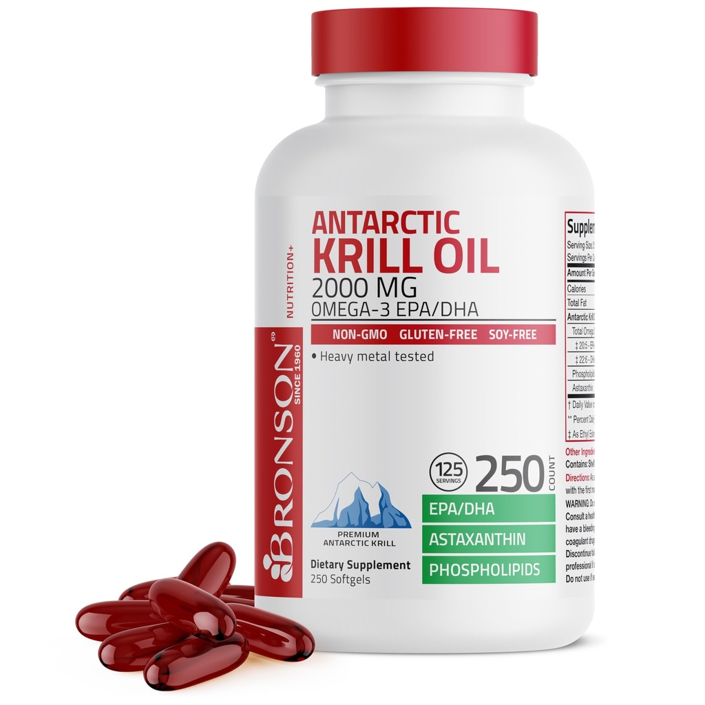 Bronson Antarctic Krill Oil 2000 mg z Omega- 3s EPA, DHA, Astaksantyną i fosfolipidami, 250 Softgels (125 Służb)