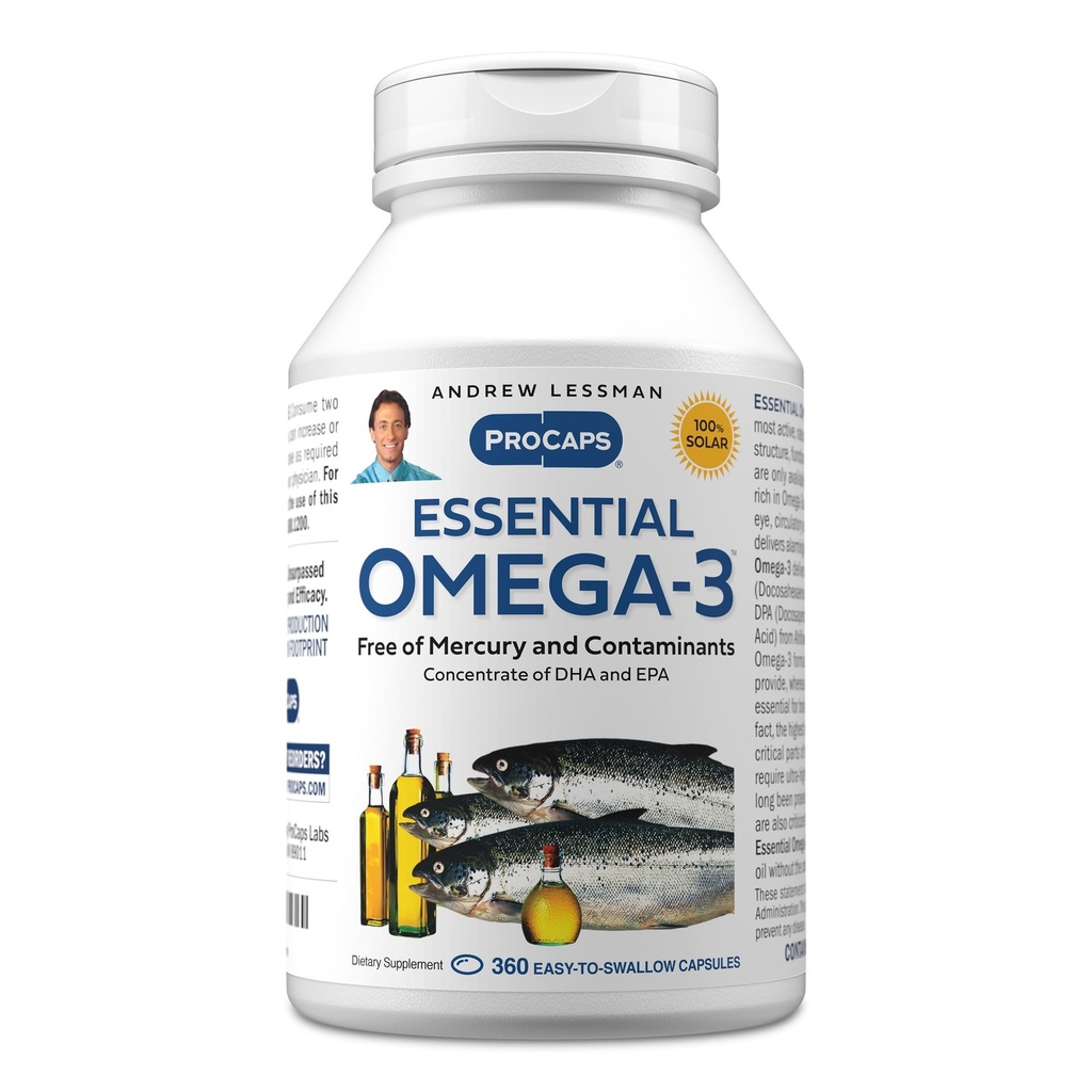 ANDREW LESSMAN Essential Omega-3 Unflavored - 360 Softgels - Ultra- Pure, High Potency Omega-3 Oils. Wysoka DHA, brak żołądka, brak środków trujących, brak rtęci. Małe łatwe do połykania Softgels
