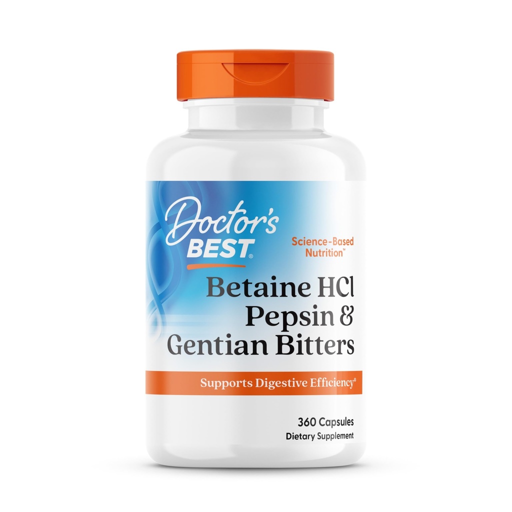 Doctor's Best Betaine HCI Pepsin & Gentian Bitters, Digestive Enzymes for Protein Breakdown & Absorption, Non-GMO, Gluten Free, 360 Count (Pack of 1)