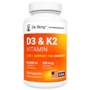 Dr Berg Maksymalna moc 2- in-1 Witamina D3 K2 10 000 IU 124; Naturalnie derived D3 Bilans 124; 4X Lab- Tested & Verified Bilans 124; Wysoka receptura absorpcyjna 124; K2 D3 Suplement witaminy - 120 Kapsułki