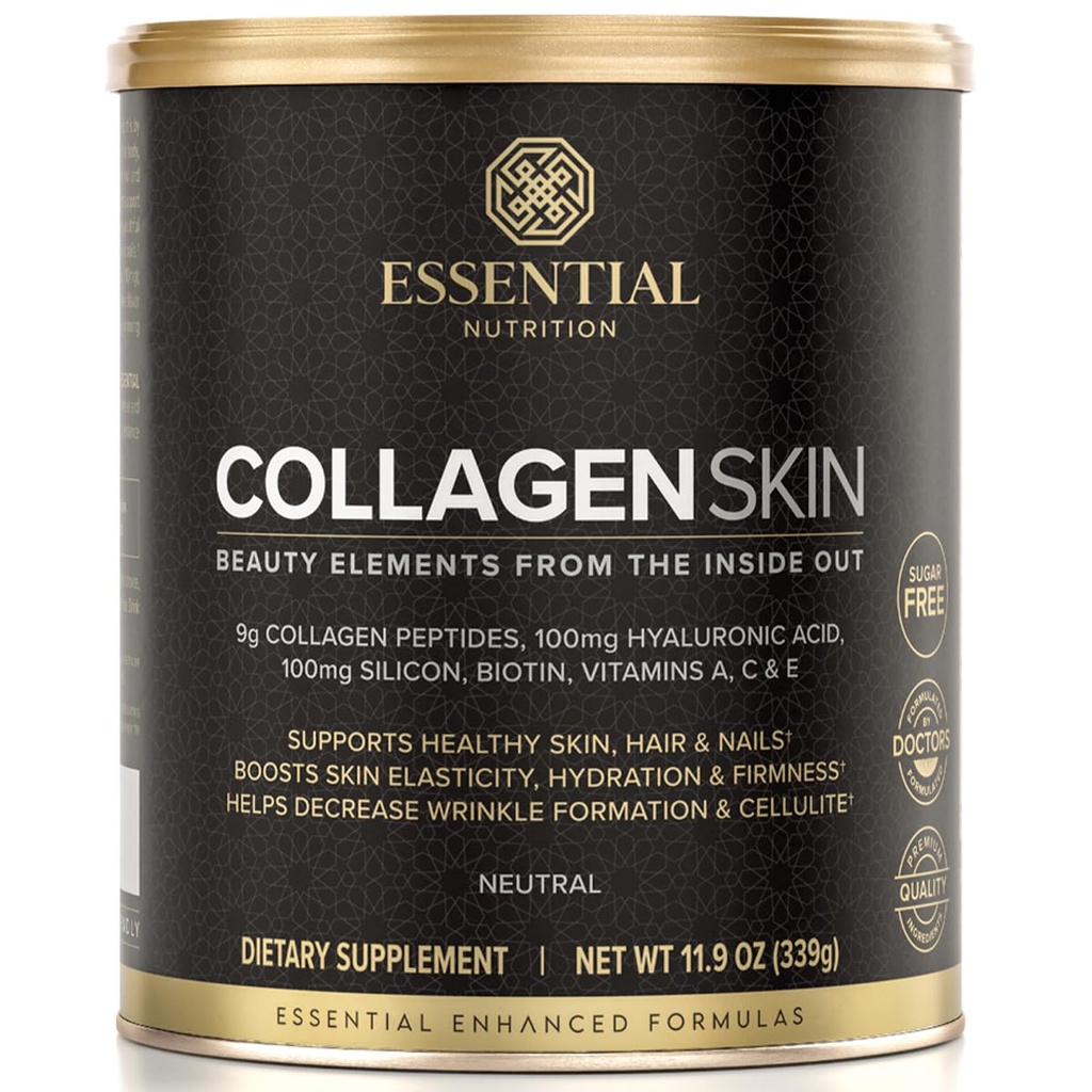 Essential Nutrition Collagen Skóra - Zhydrolizowane Kolagen Peptydy, z kwasem hialuronowym, Krzem i Biotin - Włosy, Skóra i paznokcie - Neutral - 11.9 oz (30 Sług)