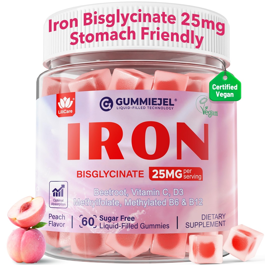 Wegański suplement żelaza dla kobiet 25mg, żeliwne gumki bez cukru z witaminą C, Methy B12, Folate for Energy Boost, Żelazo Deficiency, No After Taste, Peach Flavor - 60 Count (Pack of 2)