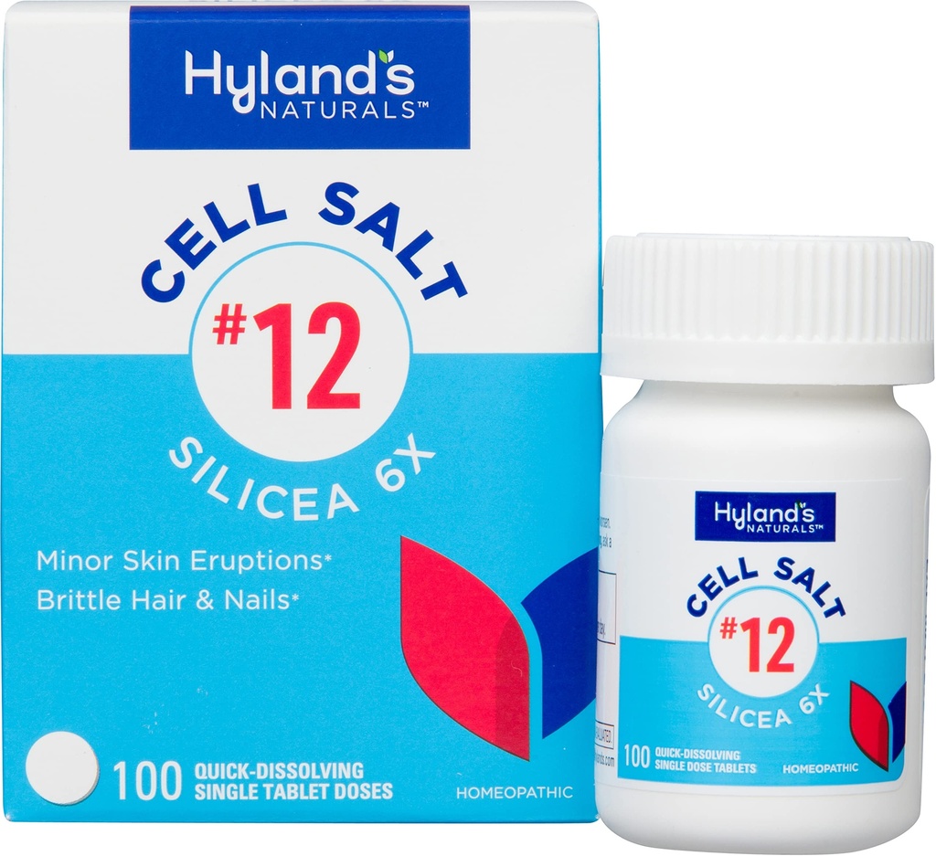 Hyland 's No. 12 Cell Salt Silicea 6X Tabletki, Trądzik i Blackhead Leczenie, Suplement do włosów i paznokci i wzmocnienie, Rozdrażnienie skóry, Szybko rozpuszczające tabletki, 100 Liczba