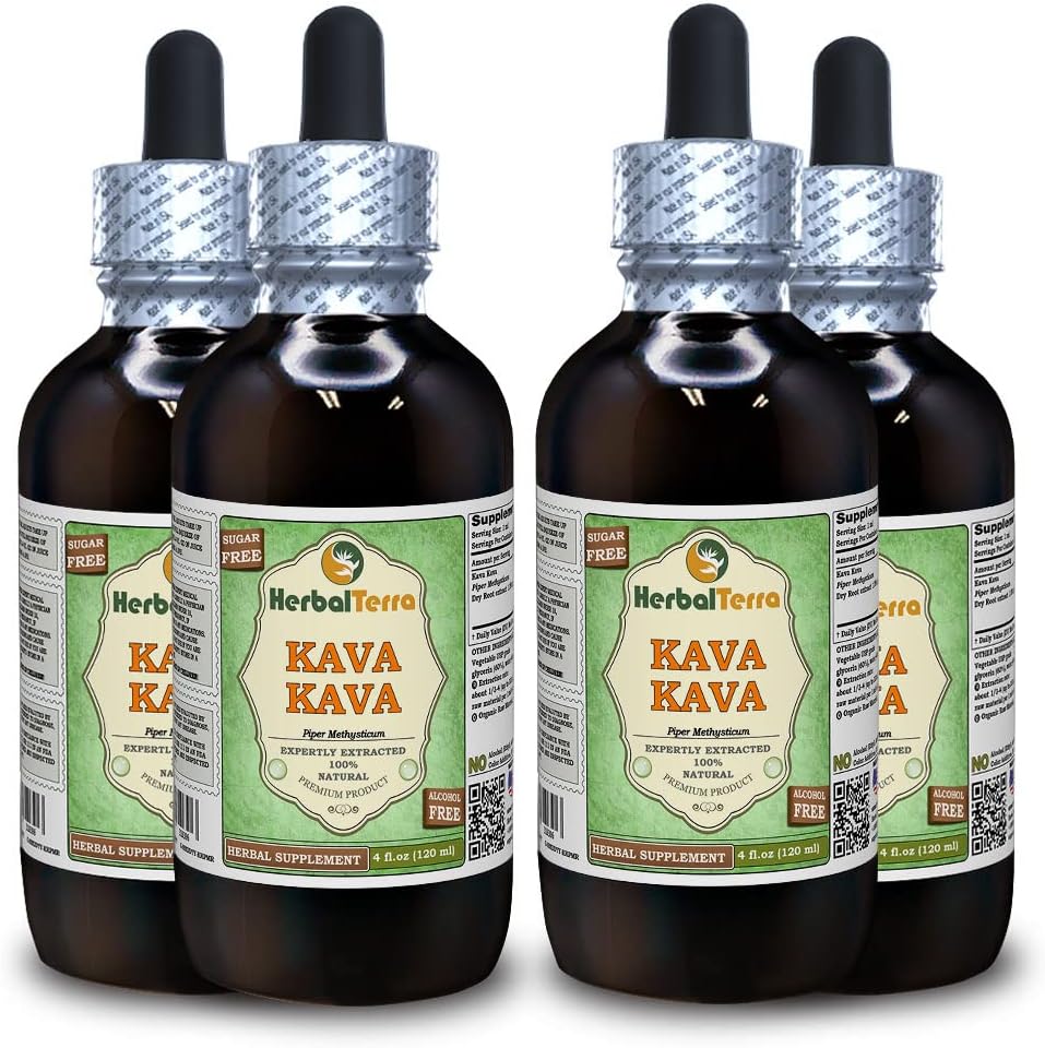 Kava Kava (Piper Methysticum) Glycerite, Dried Root Alcohol Free Liquid Extract (Nazwa firmowa: HerbalTerra, Proudly Made in USA) 4x4 fl.oz (4x120 ml)