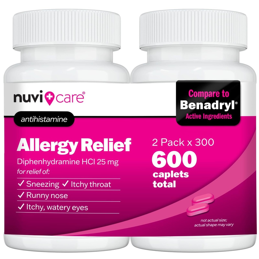 NUVICARE Allergy Relief Tablets - Diphenhydramine 25mg Antihistamine Tablets for Runny Nose, Sneezing, Itchy Eyes & Throat - Compare to Benadrl Allergy Meds - OTC Adult Allergy Medicine (2 Pack)