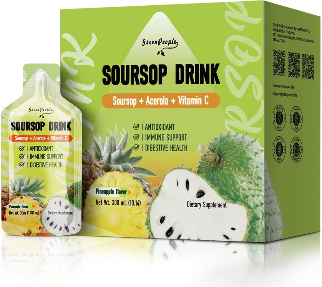 GREENHUS Soursop & Acerola Napoje suplementacyjne, Napoje Bitterowe Soursop, Napoje z witaminą C, Szybka absorpcja, Wegan, NieGMO, 10 Pakiety