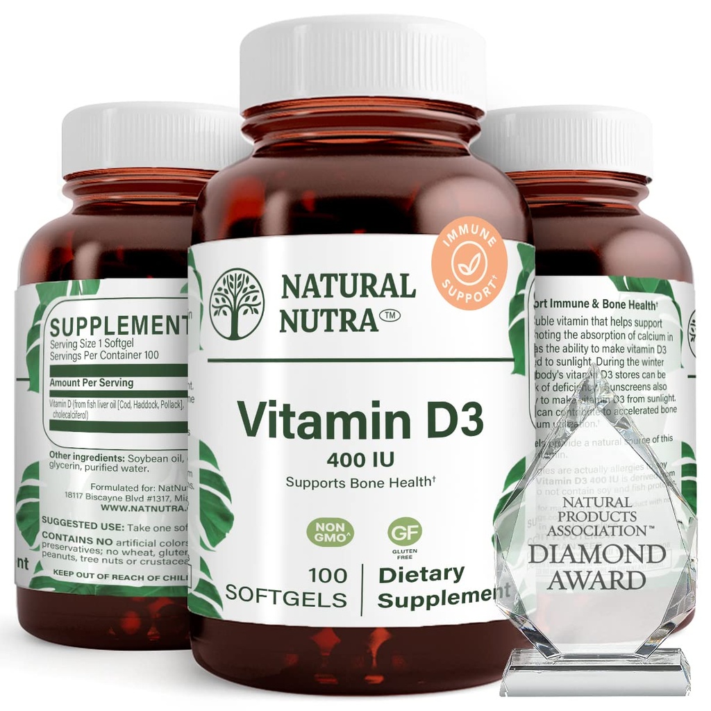 Natural Nutra Supreme Witamina D3 400 IU Softgels, Pomaga Boost Immune, Wsparcie Płuca Zdrowia, Sunshine Witamina, Pomaga poprawić zdrowie układu krążenia, kości i zębów Siła, Gluten- Free, 100 Softgels