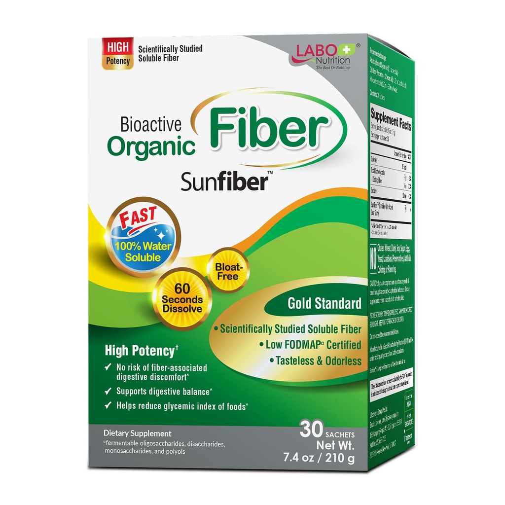 Labo Nutrition Bioactive Organic Fiber - Sunfiber PHGG Rozpuszczalny Phybitic Fiber for Digestive Regularity & Gut Health - Częściowo Zhydrolizowane Guar Guar Gum, Low FODMAP, Unflavored, Vegan, Non-GMO, 30 Sachets