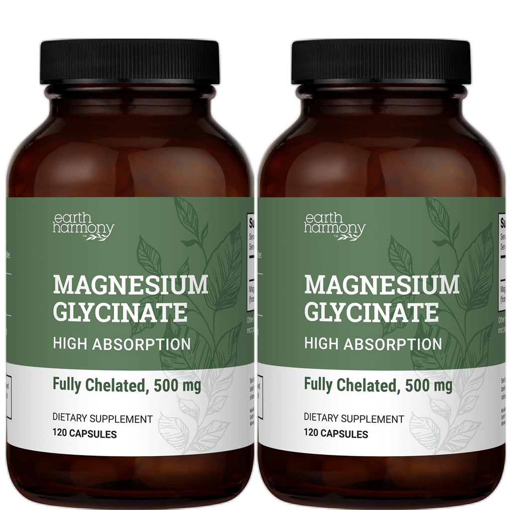 Ziemia Harmony Chelated Magnezu Glicynian 500mg - 120 Kapsułek (2- Pack, 1000mg ogółem)