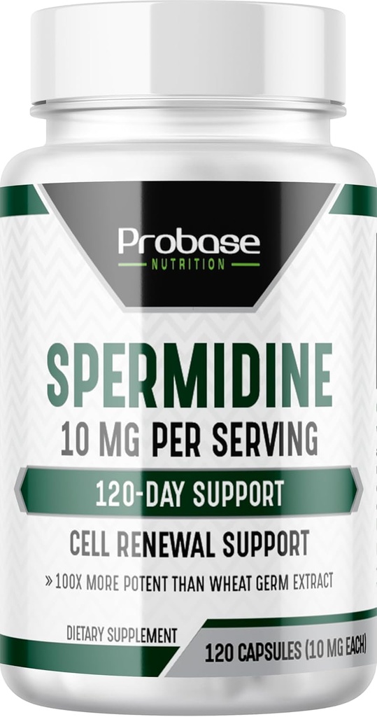 Probase Nutrition Spermidine (10 mg od 99% Spermidine 3HCL - Third Party Tested) 120 Kapsułek - 100x Większa moc niż kiełków pszenicy Ekstrakt, Telomere Health i Starzenie 120- Day Supply - Tak wydajny jak NMN