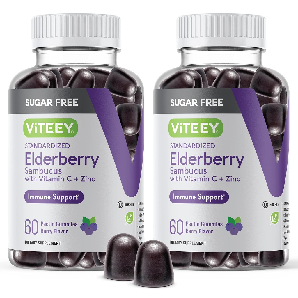 VITEEY Sambucus Gummies Elderberry dla dorosłych i nastolatków + Cynk & Witamina C - Bez cukru - Wsparcie immunologiczne i suplement ziołowy - Wegan, Gluten Free, Żelatyna Free, GMO Free, Jagody do żucia