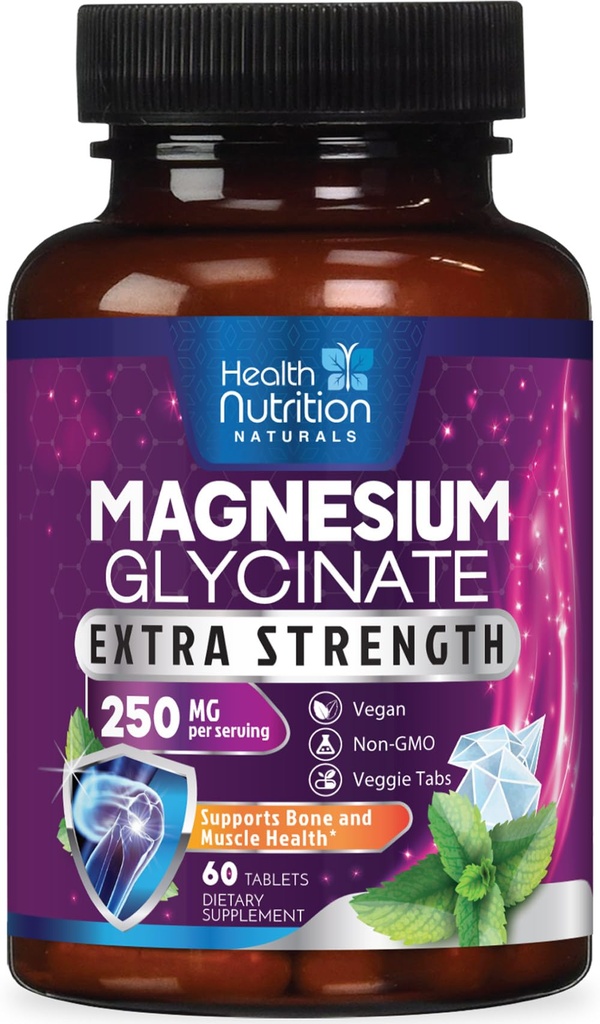 Magnezu Glicynian 250mg - 100% Chelatowany Magnez dla Max Wchłanianie - Wsparcie snu, Mięśnie, Nerwy, Bone & Heart Health Supplement, Najlepszy Mag Suplement, Wegan Non-GMO, 3. strona Tested - 60 Tabletki