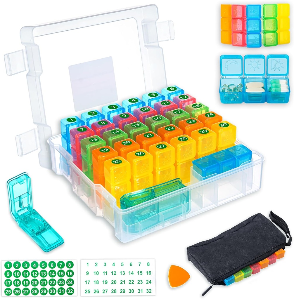 Miesięczny Pill Organizator 3 razy dziennie z 31- Dzień Moistureproof Box, Cotygodniowy Pill Bag, Pill Cutter, Naklejki, Plastikowe otwieranie Pick dla łatwego użytkowania, Wygodne Daily Medication Management (Biały)