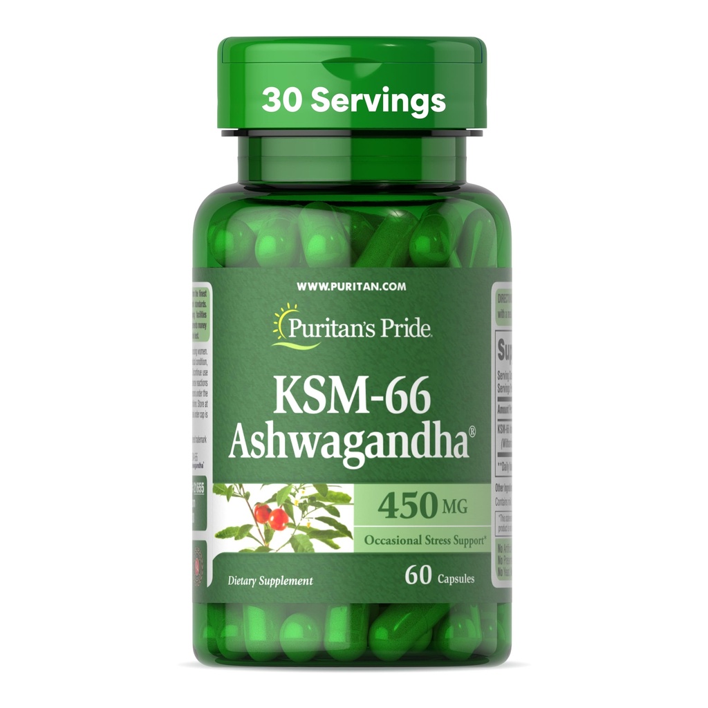 Puritan's Pride KSM-66 Ashwagandha® 450mg, Highly Concentrated Dietary Supplement for Stress Relief, Mood Enhancing, and Memory Support, 1 Month Supply, 60 Capsules