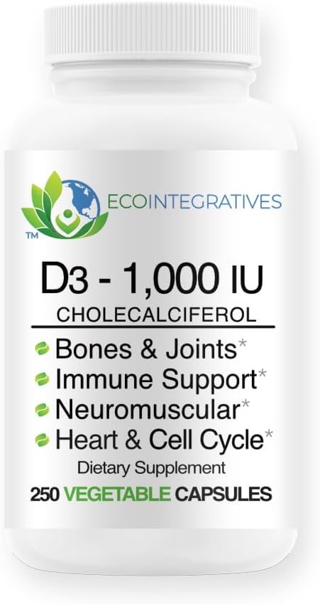 Witamina D3- 1000 j. m. 25 μg (Cholekalcyferol) Hipoalergiczne wsparcie dla mięśni, kości i zębów, piersi, prostaty, układu sercowo-naczyniowego, Colon & Immune Health (250 kapsułki Veggie)
