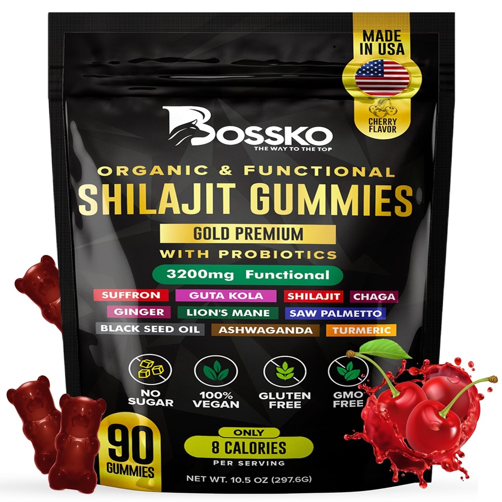 3200 MG Pure Himalayan Shilajit Gummies Organic for Men & Women with Probiotics & Magnez Ashwagnadha Chaga Turmeric Fulvic Acid 105 + Trace Minerals I Vegan Non-GMO I Lab Tested I 90 Count