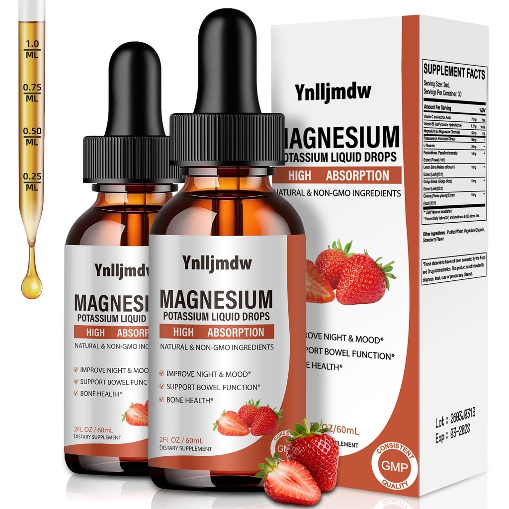 Płynne krople glicynianu magnezu, 1000 mg płynny suplement magnezu z bromelainą, Witamina B6 C D, Wysoka Absorpcja Kompleks magnezu na noc, Mięśnie i Wsparcie energetyczne, 2 Fl Oz (Opakowanie 2)
