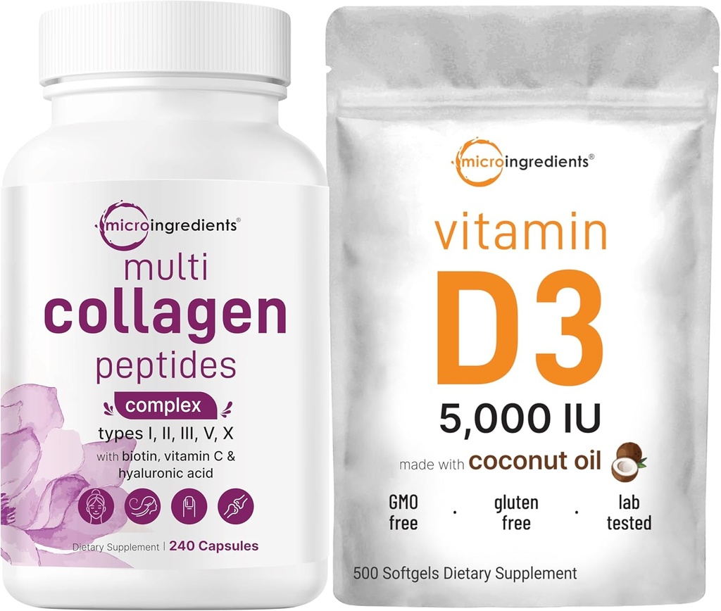 Micro Składniki Multi Collagen Pills & Witamina D3 5000 IU Pack Bundle 124; Kolagen Grass- Fed Peptides 124; Witamina D jako Cholekalcyferol
