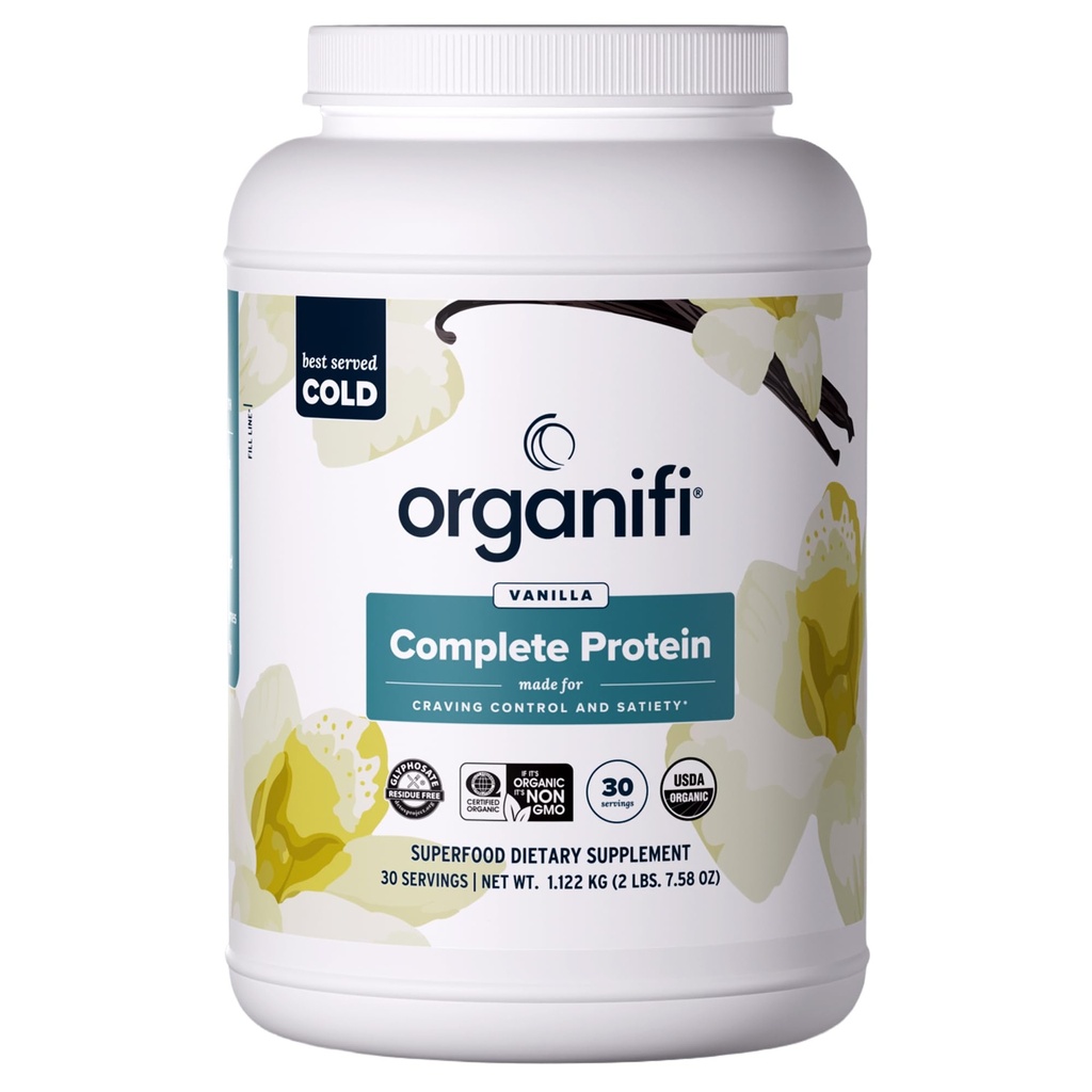 Organifi Complete Protein Vanilla Flavor - Organic Vegan Plant Based Protein Powder with Digestive Enzymes - 30 Day Supply - No Soy, Dairy, or Gluten