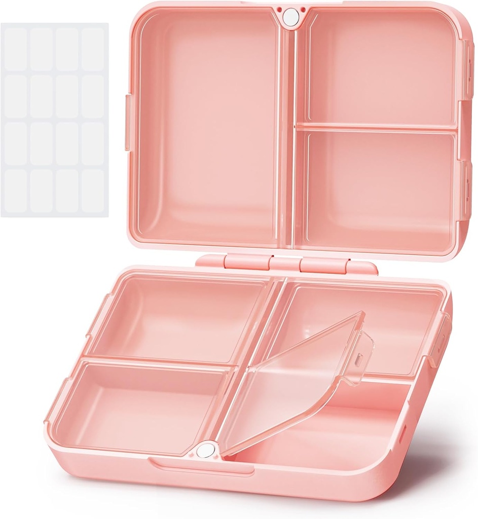 AUVON Daily Pill Organizer Fit with Your Purse or Pocket, Compact Travel Pill Box Case with Slim Folding Design and Long-Lasting Hinges to Hold Vitamin, Fish Oil, Supplement or Jewelry(Pink)