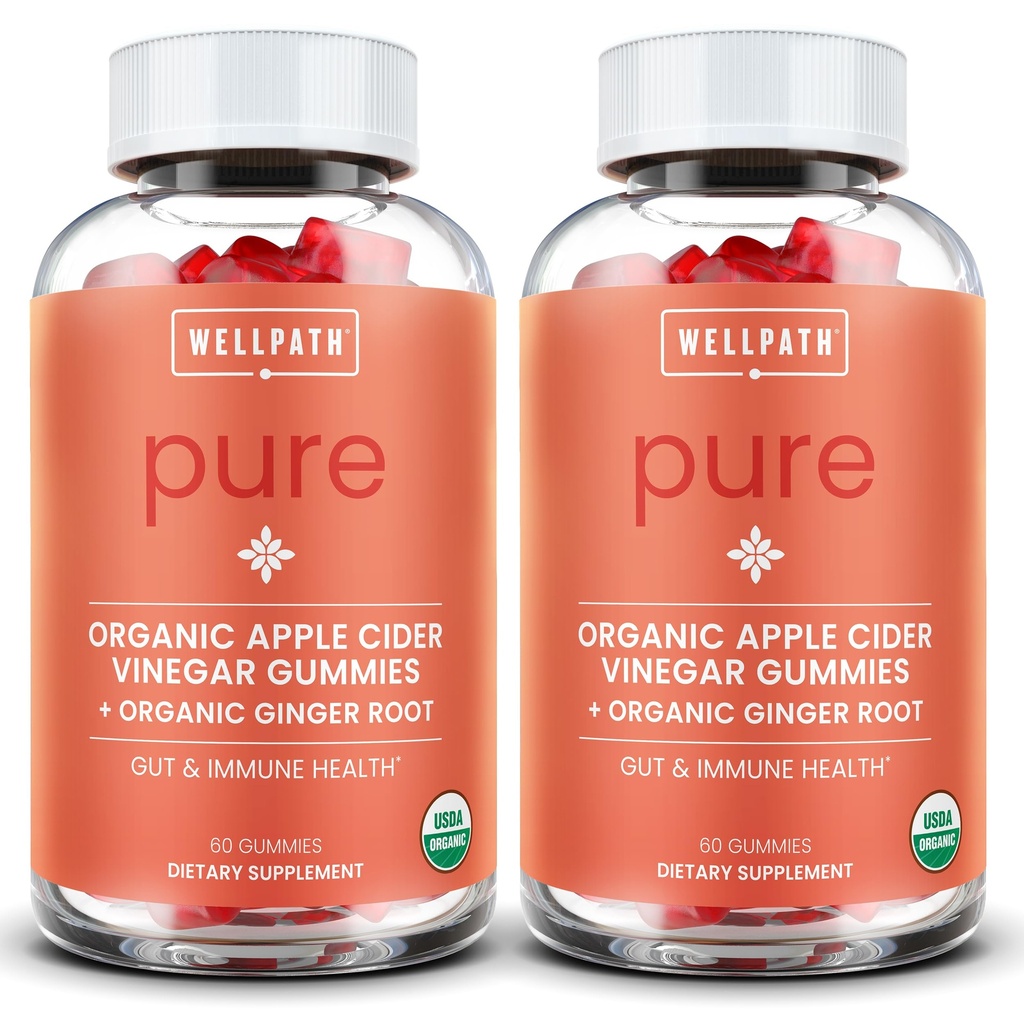 WellPath Pure ACV Gummies (2 opakowania) - Jabłko cydr Ocet z Matką - USDA Organic Gummy z Ginger for Gut Health British 124; Wegan, Non-GMO, 120 Ct