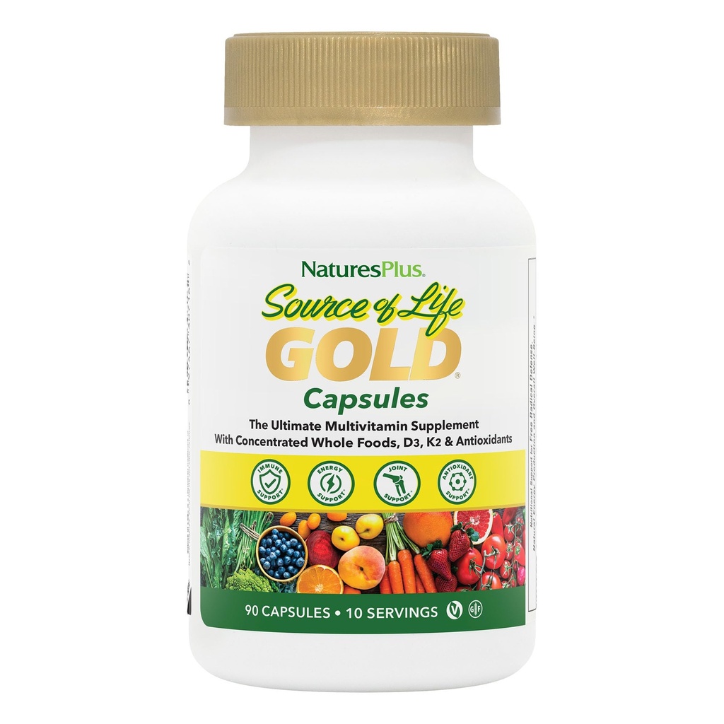 NaturesPlus Źródło życia Gold Multivitamin - 90 Kapsułki wegetariańskie - z witamin D3, B12, K2 i więcej niż 120 Whole Foods - Krew, kość i wsparcie immunologiczne - Gluten Free - 10 Sług