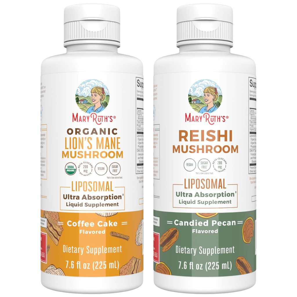 MaryRuth Organics Lion 's Mane Liposomal (ciasto kawowe) & Reishi Mushroom (Candied Pecan) 124; Clean Label Project Verified ® Revised 124; Witaminy dla wsparcia kognitywnego, Immunitet, & Ogólny stan zdrowia 124; Wegan, Non-GMO