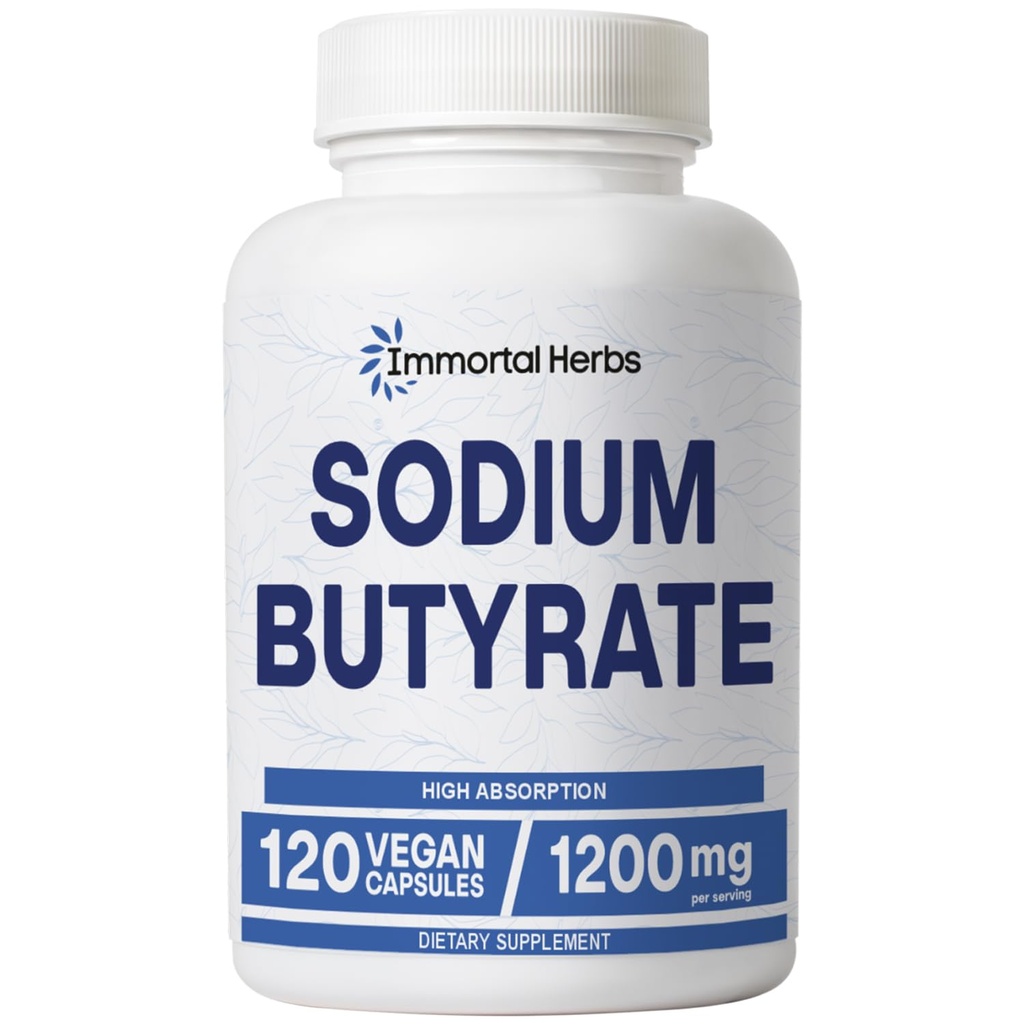 Sodium Butyrate Capsules 1200mg, High Absorption Postbiotic, 120 Count, Standardized Butyric Acid, Vegan, Non-GMO & Gluten-Free Butyrate Supplement for Women and Men