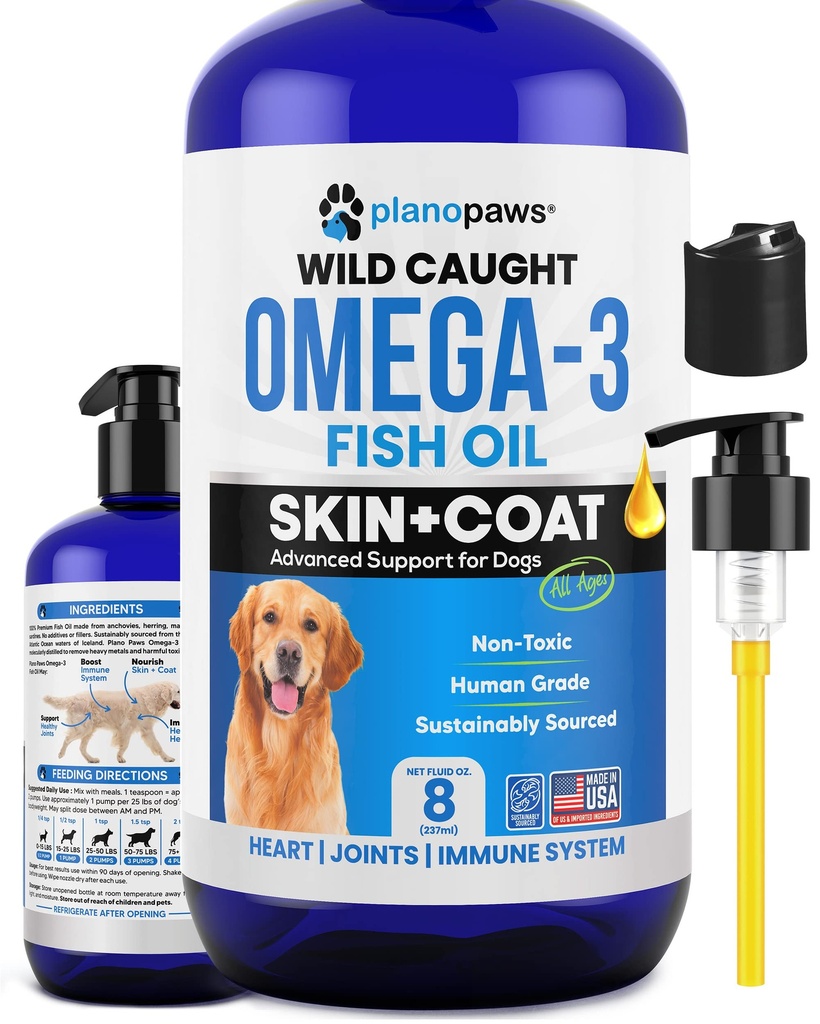 Omega 3 Olej rybny dla psów - Lepsze niż olej z łososia - Dog Fish Oil Supplement to Reduce Shedding & Swędzenie - Pomaga Joints, Mózg i Heart Health - Skin and Coat Supplement - Płynny olej rybny