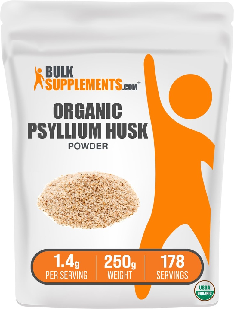 BulkSupplements.com Organic Pyllium Husk Powder - Pyllium Husk Powder for Baking, Fiber Supplement - Gluten Free, 1,4g per Serving, 250g (8,8 oz) (Opakowanie po 1)