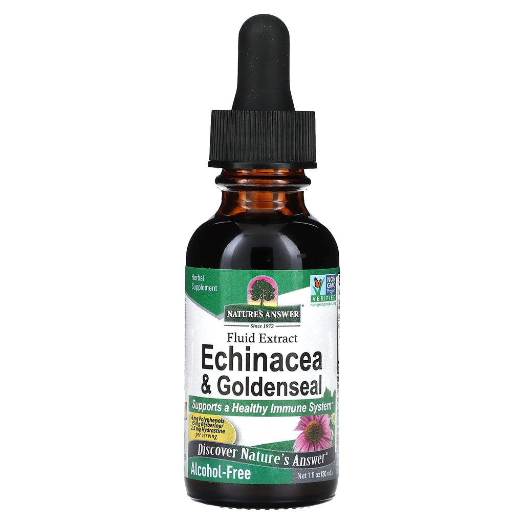 Odpowiedź natury Enchinacea & Goldenseal 124; Wspiera zdrowy system immunologiczny 124; Super skoncentrowany czysty ekstrakt 124; Bez alkoholu, Bez glutenu, Wegan & Kosher Certified 1oz