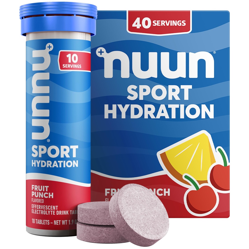 Nuun Sport Electrolyte Tablets z Magnezu, Wapń, Potas, Chlorek i Sód, Gluten Free & Wegan, Owoce Punch, 4 Pack (40 Służenie ogółem)