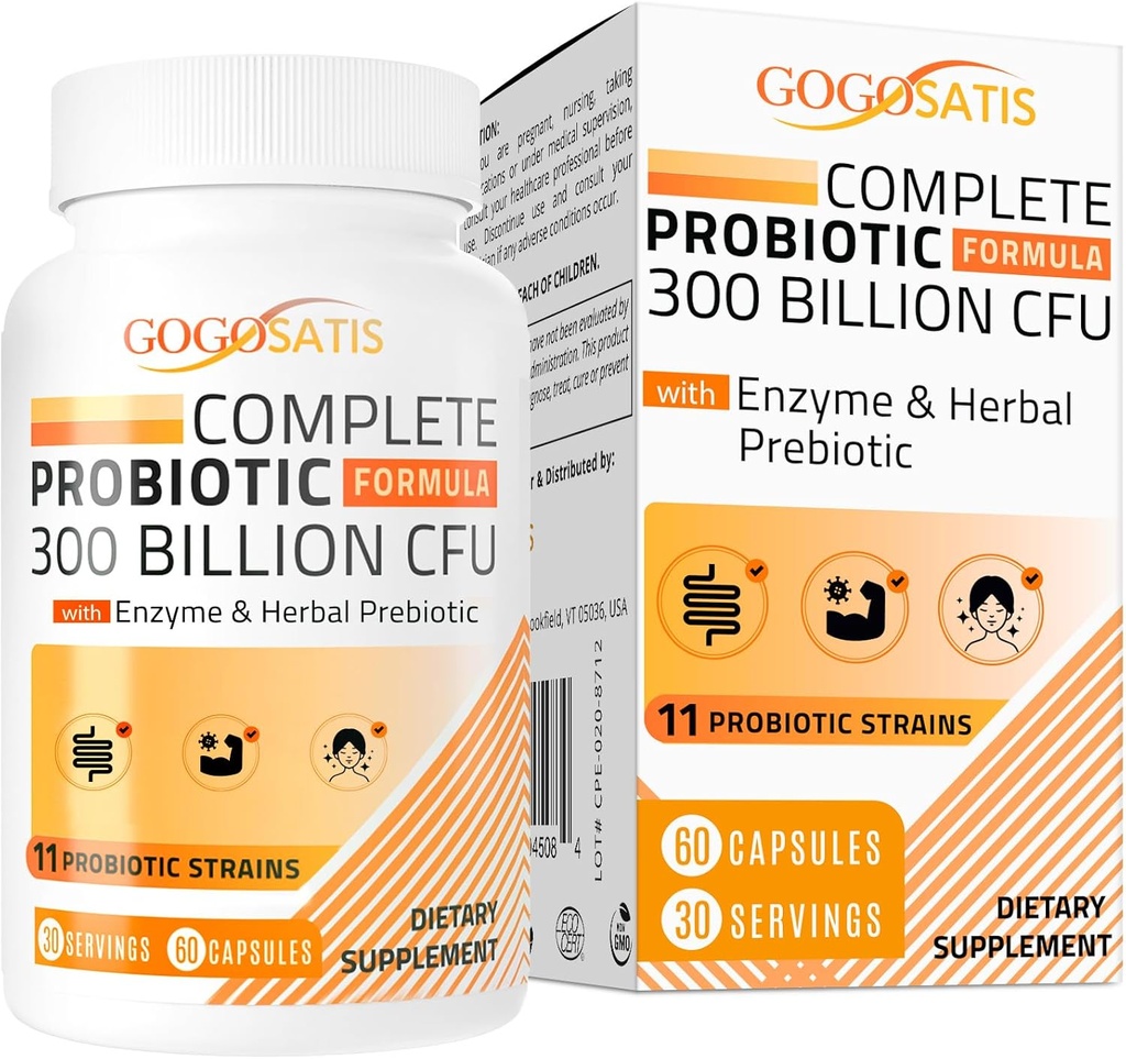 Probiotyki dla kobiet i mężczyzn, 300 Miliard CFU 11 Szczepy + Organic Herbal & Enzymy trawienne, Probiotyczne dla zdrowia trawiennego, Gaz & Bloating, Immune, Gut Zdrowie dla kobiet i mężczyzn, Półka Stable, 60 Czapki