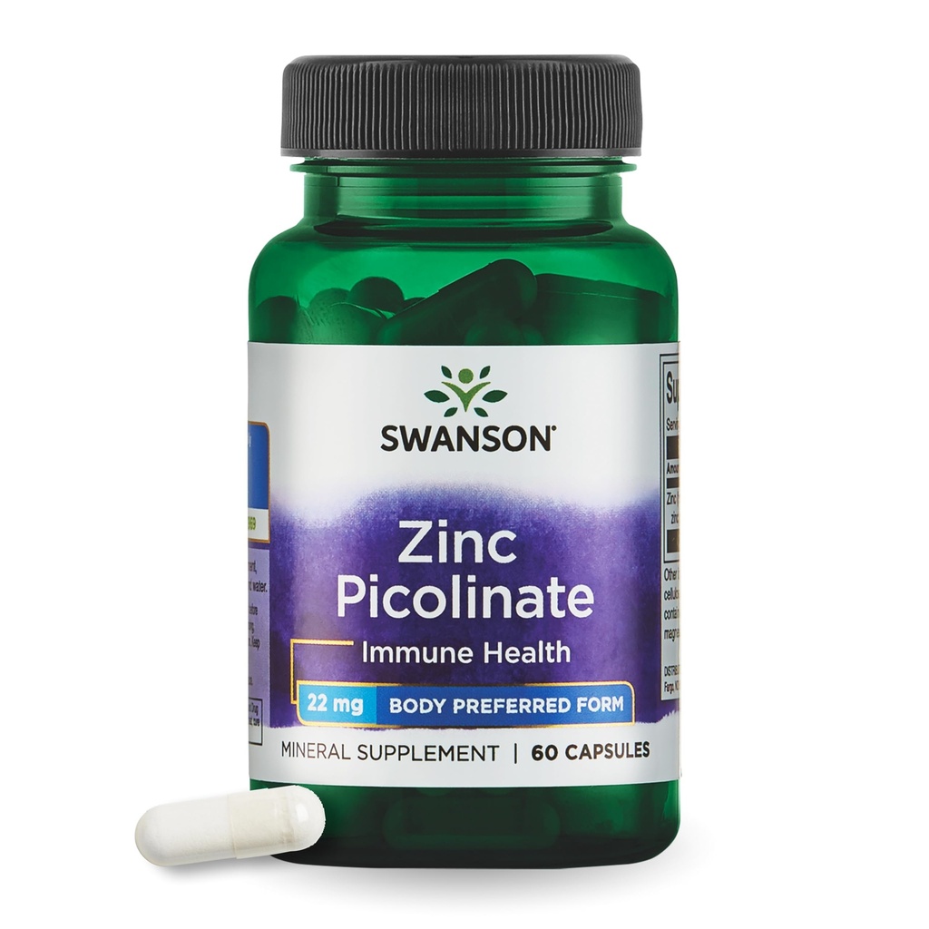 Swanson Cynk Pikolinat Chelated Suplement mineralny dla dorosłych Szukając immunologicznego, Wizja i Prostate Support - Body- Preferowany formularz - 22 mg (60 Kapsułek Wegańskich)
