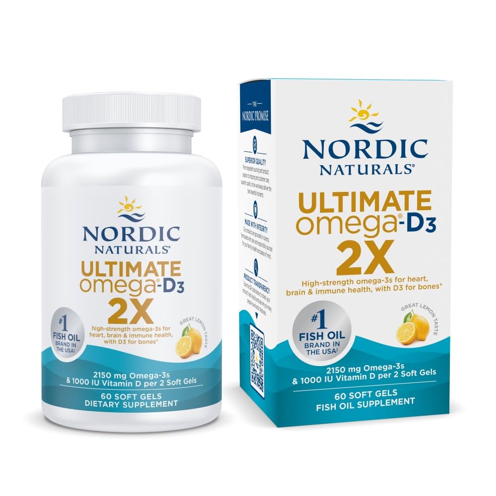 Nordic Naturals Ultimate Omega 2X z witaminą D3, Lemon Flavor - 60 Soft żel - 2150 mg Omega-3 + 1000 IU D3 - EPA & DHA - Mózg, Serce, & Zdrowie immunologiczne - 30 Służenie