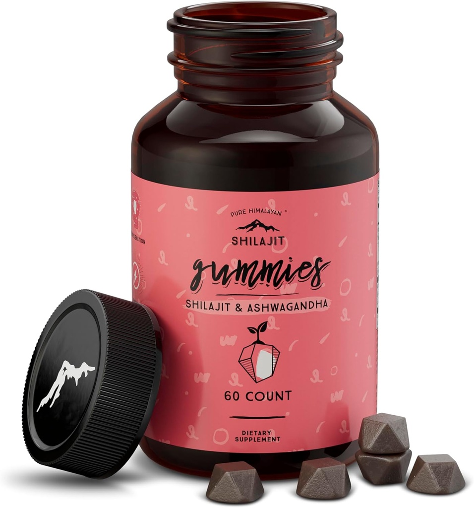 Pure Himalayan Shilajit Gummies, Sugar- Free, 85 + Ślad minerałów i kwasu Fulvic dla energii, Metabolizm i wsparcie immunologiczne, Shilajit dla mężczyzn i kobiet, Gummies Ashwaghanda (60 Hrabia)