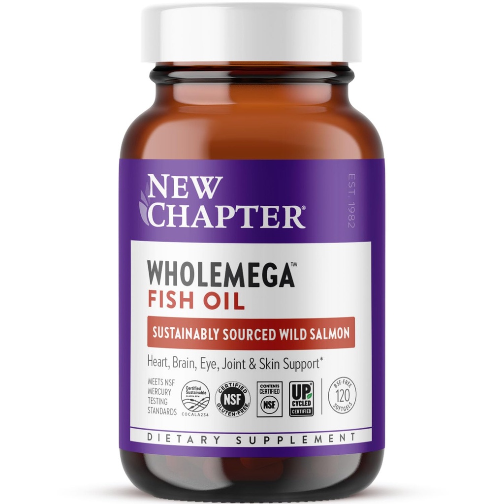 Nowy rozdział Wholemega Fish Oil Supplement - 2000mg na serwowanie, Clinically Proven Wild Alaskan Salmon Oil with Omega-3 + Witamina D3 + Astaksantyna, 120 Softgels