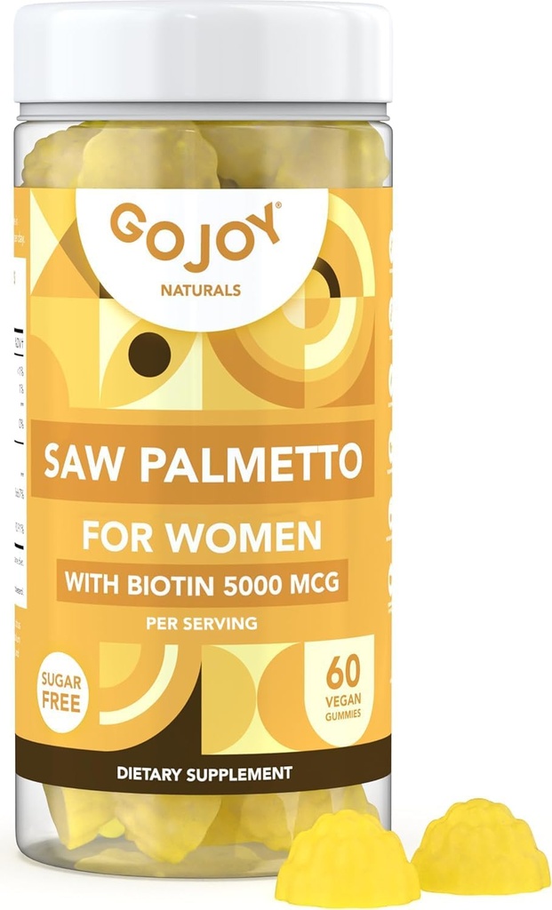 Saw Palmetto Gummies - 500mg Saw Palmetto dla kobiet z 5000mcg Biotin & 10mg Cynk - Non-GMO, Cukier, Gluten & Soy- Free, Wegan - 3rd- Party Lab Tested, 30- Day Supply, 60 Gummies Chewable