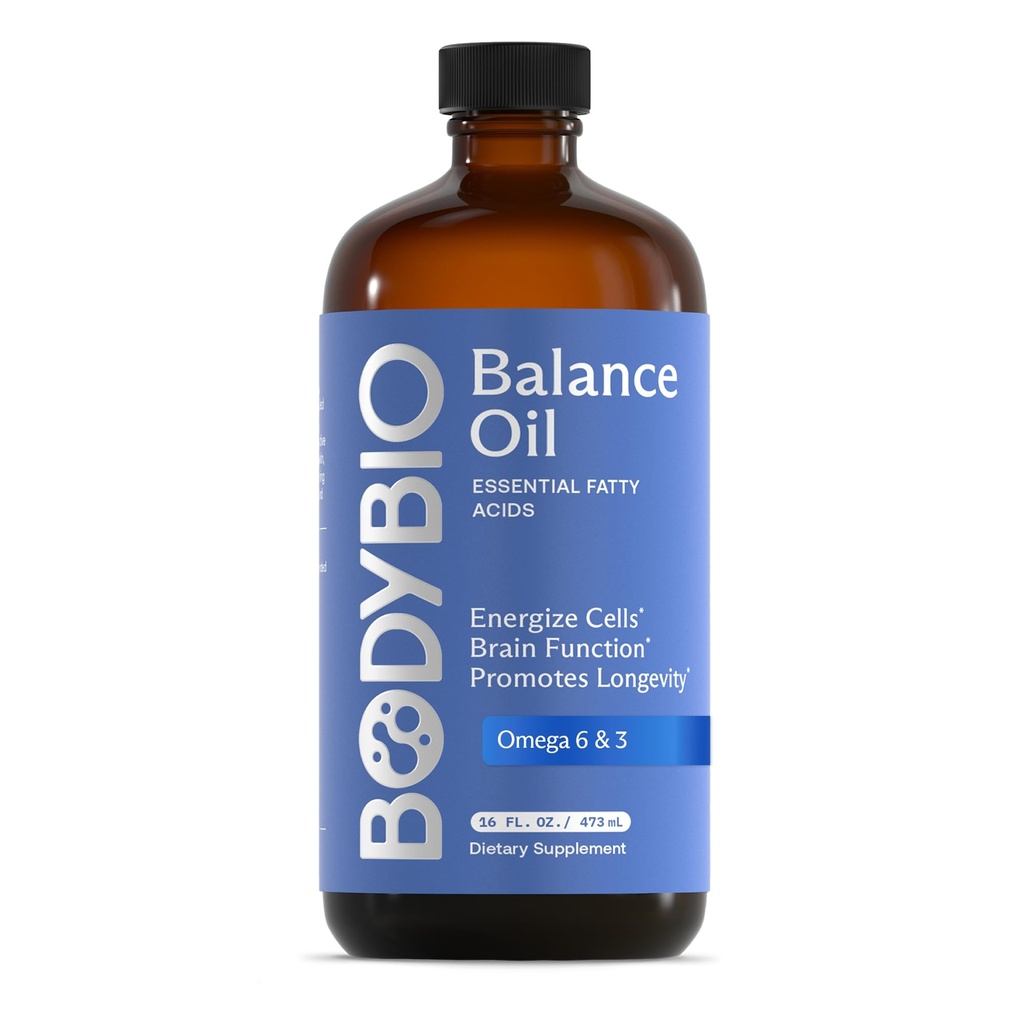 BodyBio Balance Oil - Vegan Omega 3 6 Supplement - Cold- Pressed Safflower & Flaxseed Oil - Wspiera funkcje mózgu, zdrową skórę i nastroje